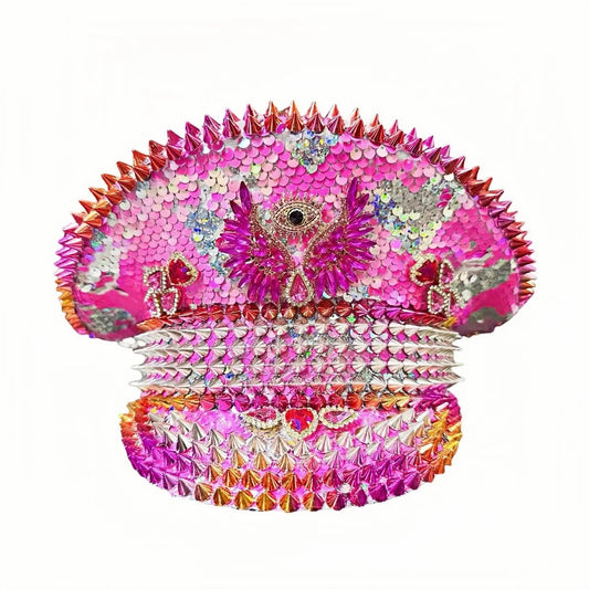 Luxury Pink Festival Captain Hat – Handmade Spiked Crystal Pride Cap | Glovia Headwear