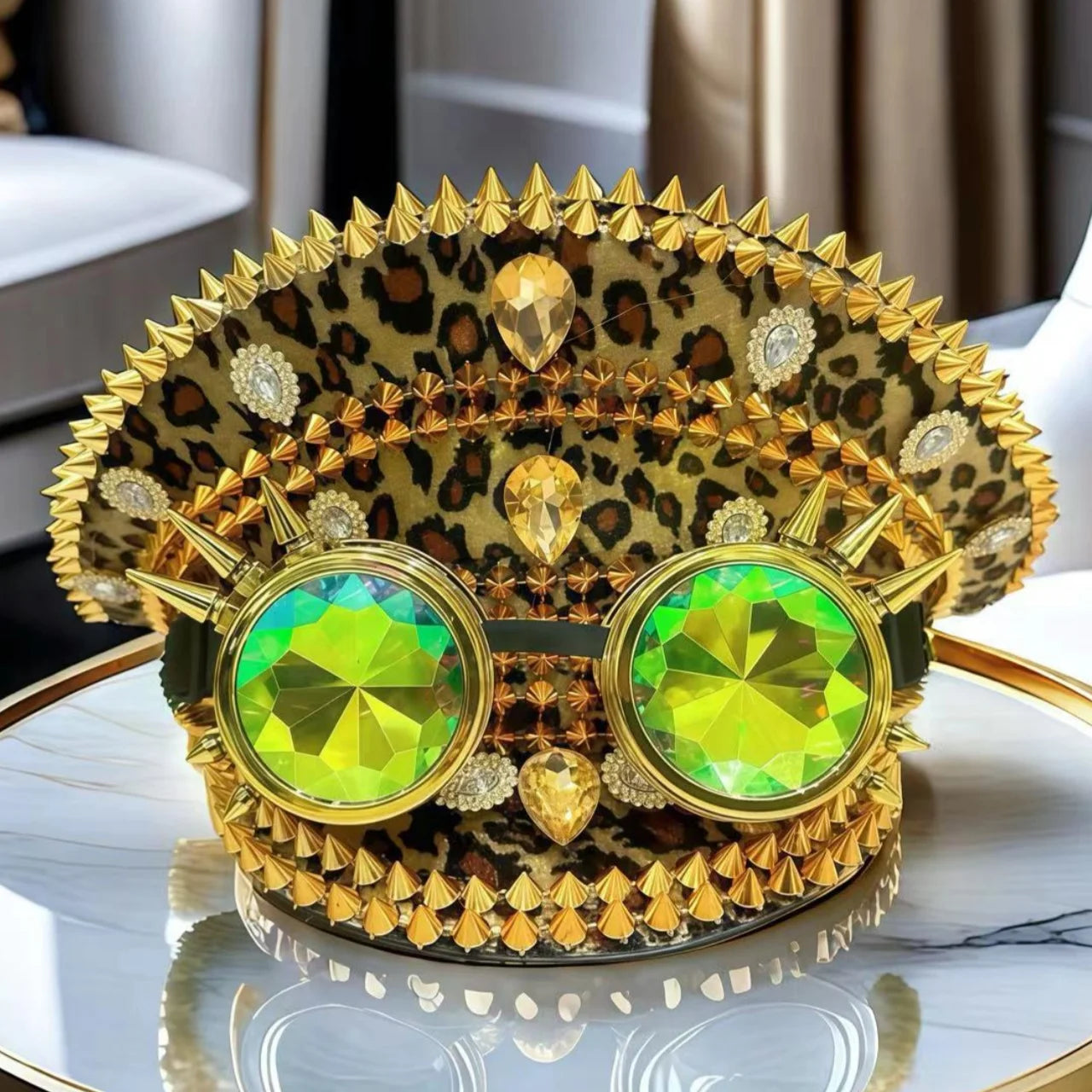 Leopard Steampunk Festival Hat – Handmade Captain Cap with Goggles by Glovia Headwear