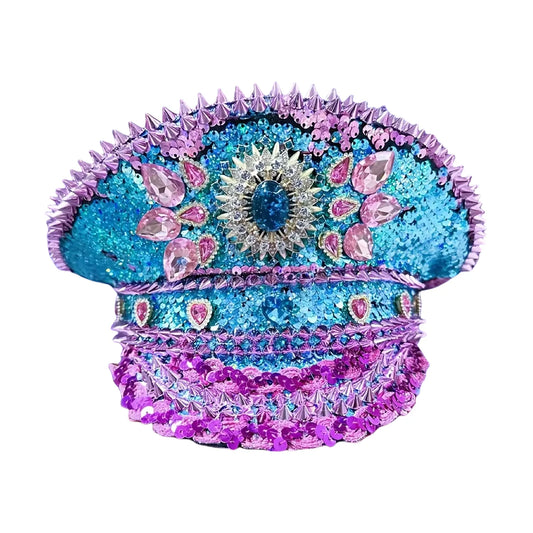 Purple Sequin Rhinestone Festival Hat – Handmade Glam Military Cap for Hen Parties & Costume Events | Glovia Headwear