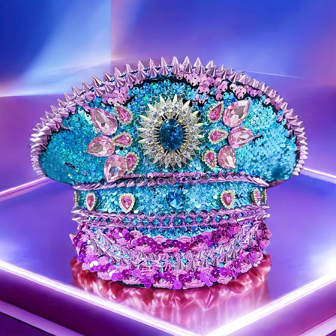 Purple Sequin Rhinestone Festival Hat – Handmade Glam Military Cap for Hen Parties & Costume Events | Glovia Headwear