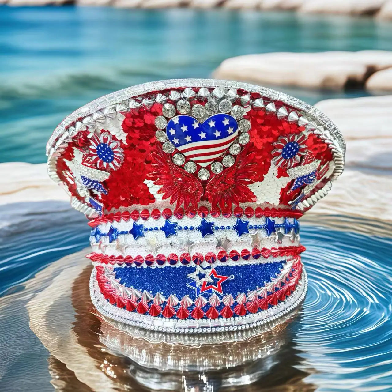 Patriotic USA Festival Captain Hat – Handmade Sequin & Rhinestone Cosplay Cap | Glovia Headwear