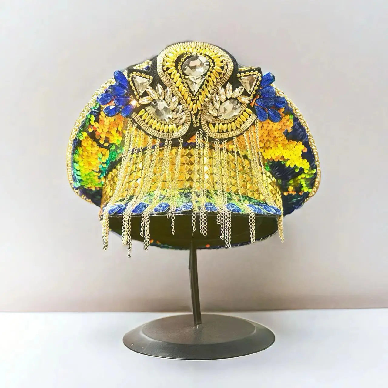 Bling Festival Captain Hat – Handmade Yellow Sequin & Rhinestone Steampunk Rave Cap | Glovia Headwear