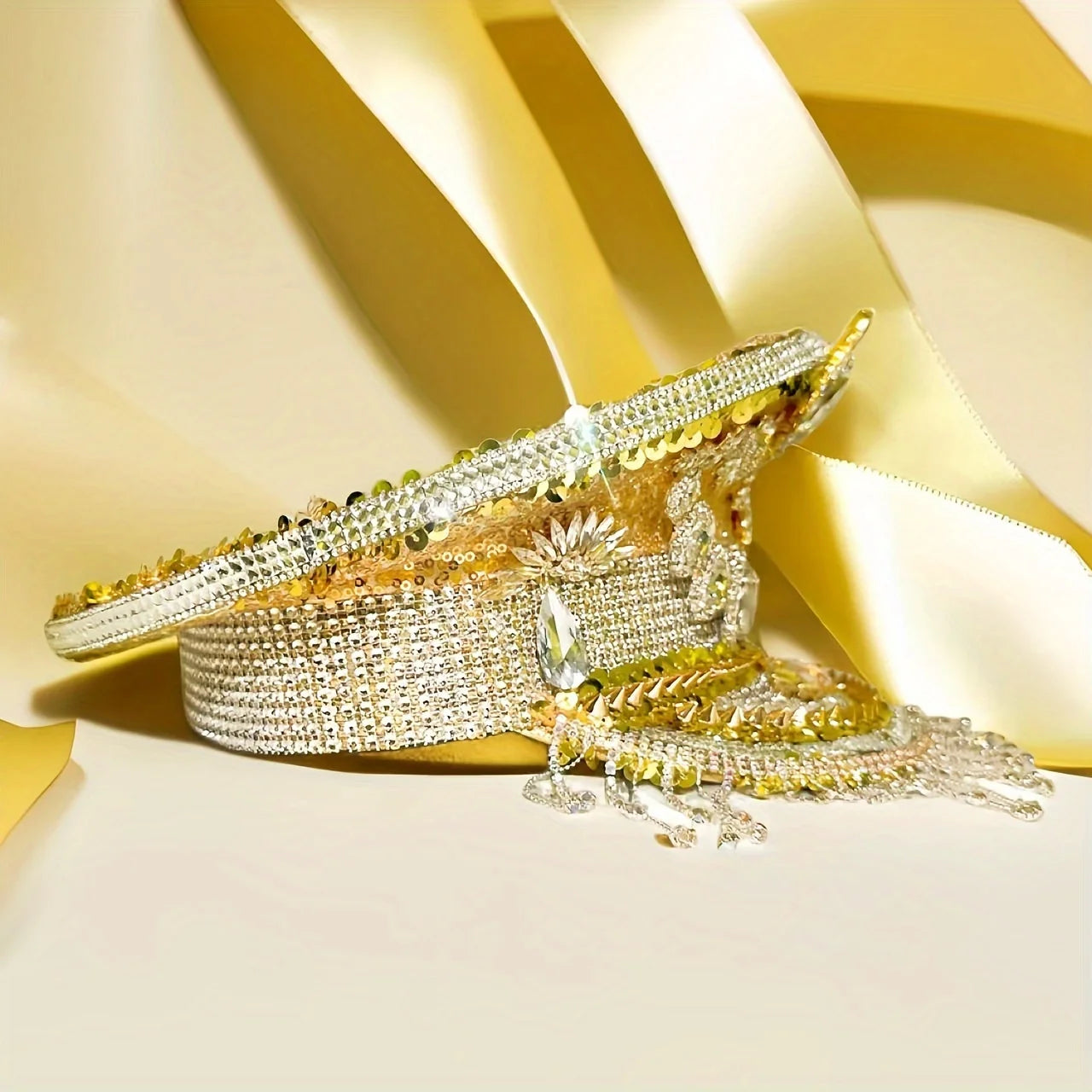 Gold Royal Festival Captain Hat – Handmade Sequin Crown with Tassels by Glovia