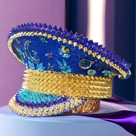 Royal Moonlight Festival Captain Hat – Blue & Gold Handmade Glam by Glovia Headwear