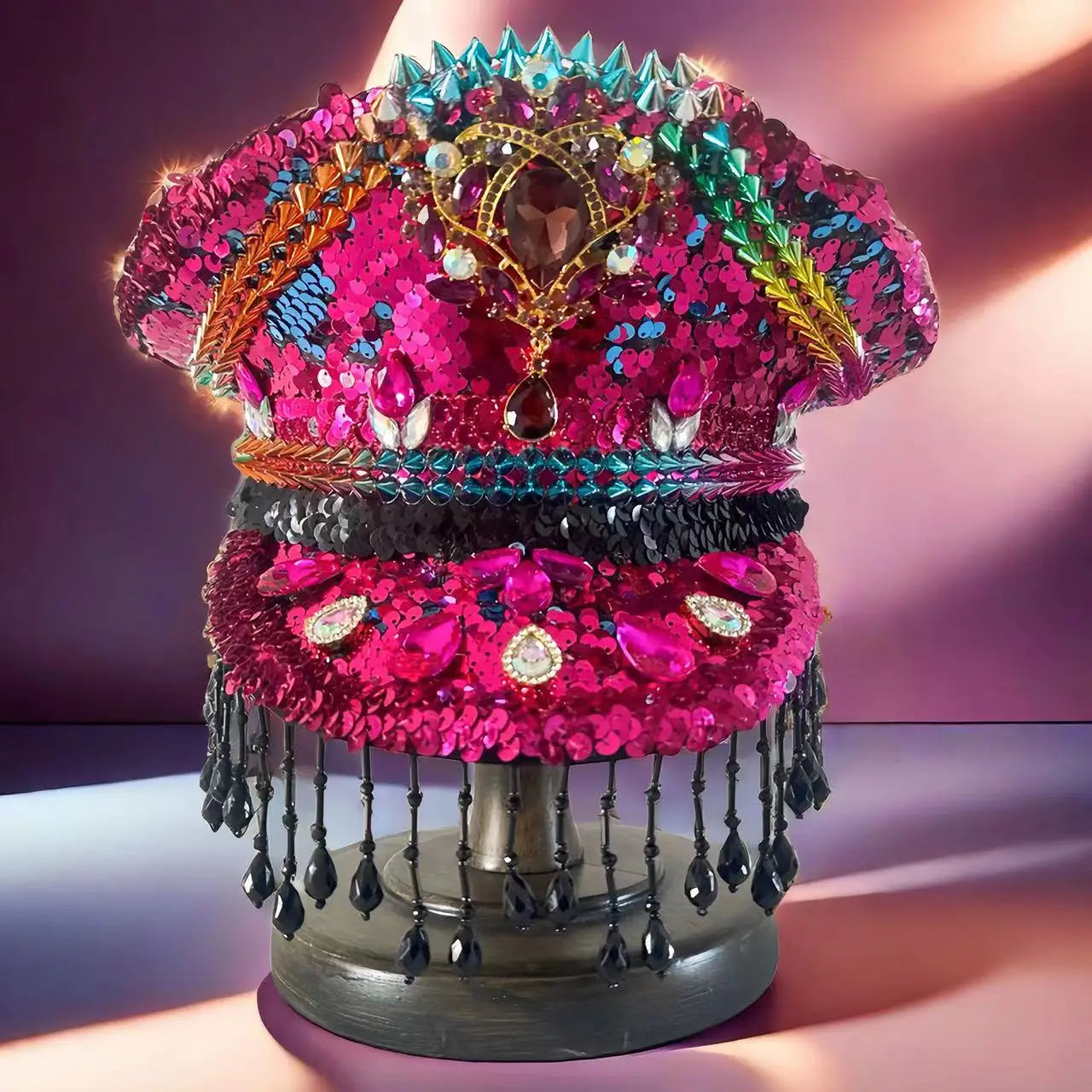 Multicolor Fringe Festival Captain Hat – Handmade Maximalist Magic by Glovia Headwear