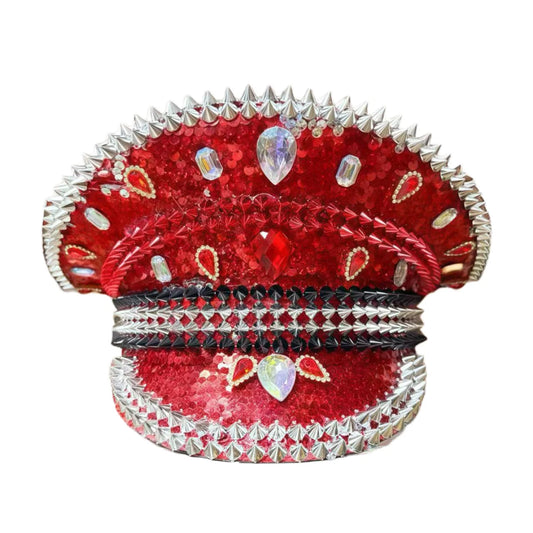 Red Royal Sequin Festival Hat – Handmade Rhinestone Captain Cap | Glovia Headwear