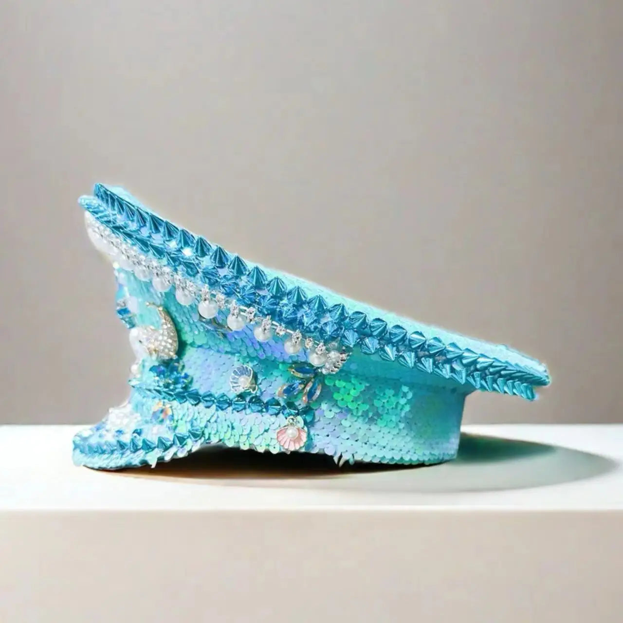 Ocean Shell Festival Captain Hat – Handmade Blue Fantasy by Glovia Headwear