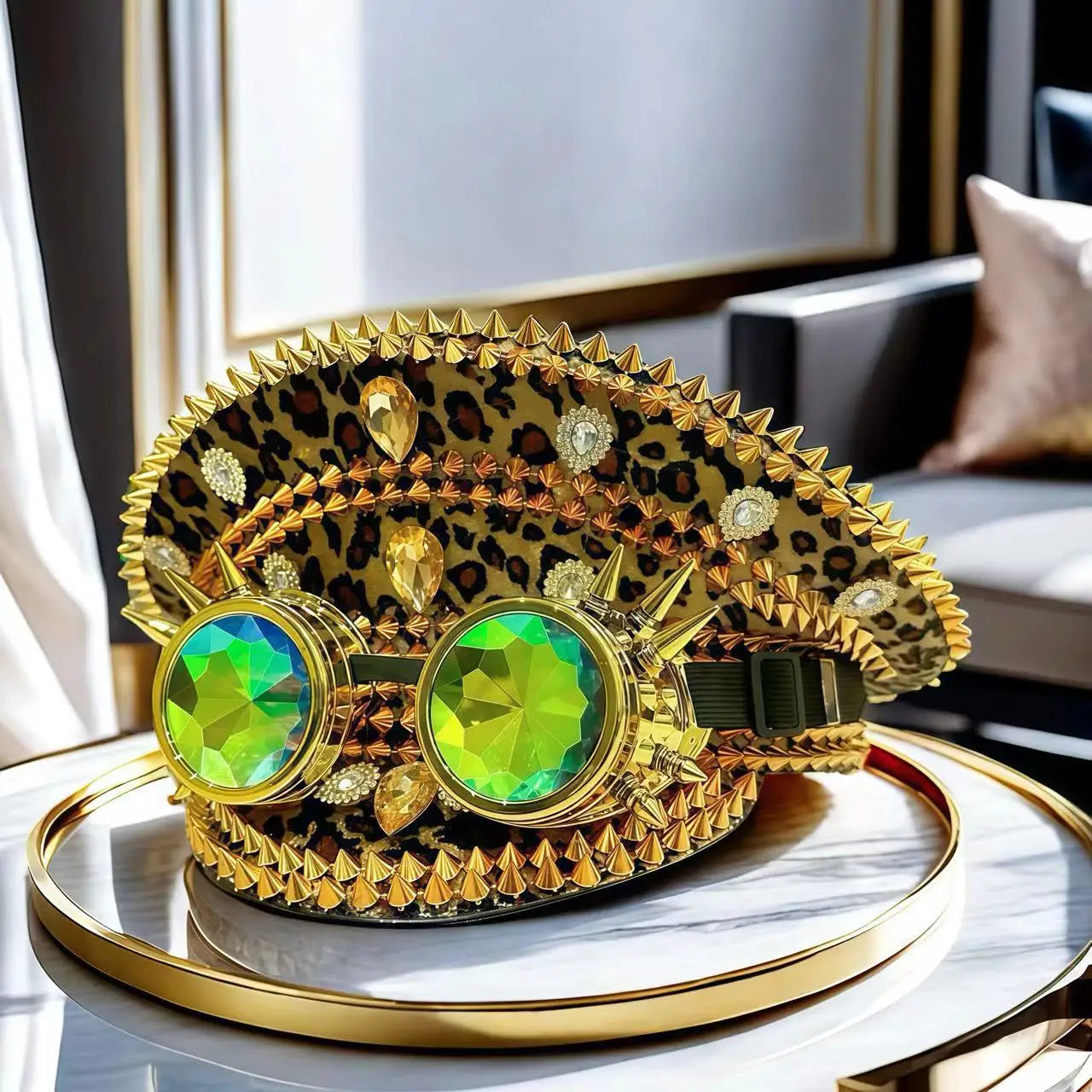 Leopard Steampunk Festival Hat – Handmade Captain Cap with Goggles by Glovia Headwear
