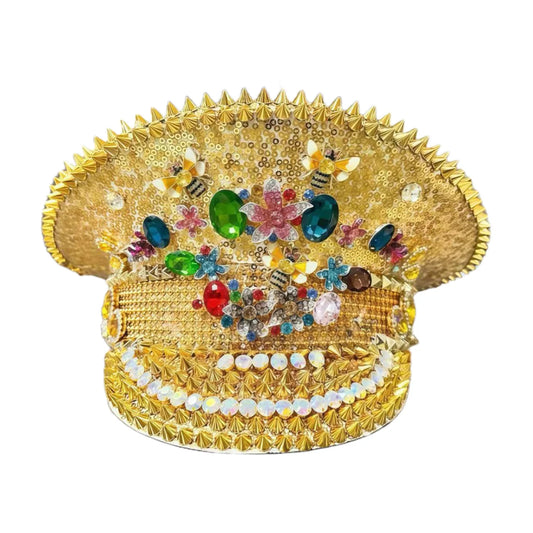 Golden Bee Festival Captain Hat – Handmade Rhinestone & Sequin Cap | Glovia Headwear