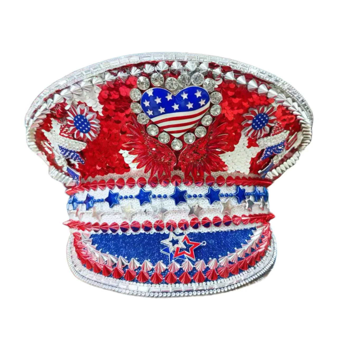 Patriotic USA Festival Captain Hat – Handmade Sequin & Rhinestone Cosplay Cap | Glovia Headwear