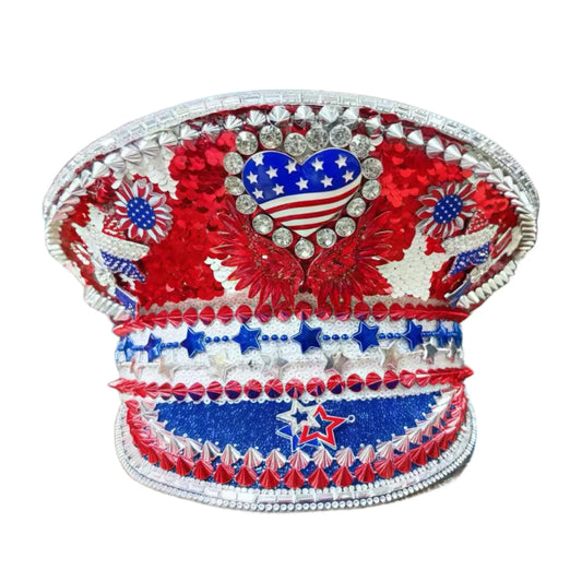 Patriotic USA Festival Captain Hat – Handmade Sequin & Rhinestone Cosplay Cap | Glovia Headwear