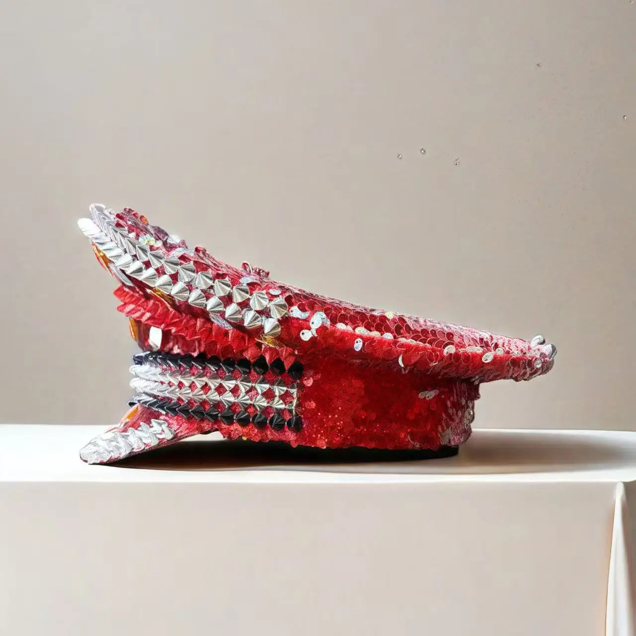 Red Royal Sequin Festival Hat – Handmade Rhinestone Captain Cap | Glovia Headwear