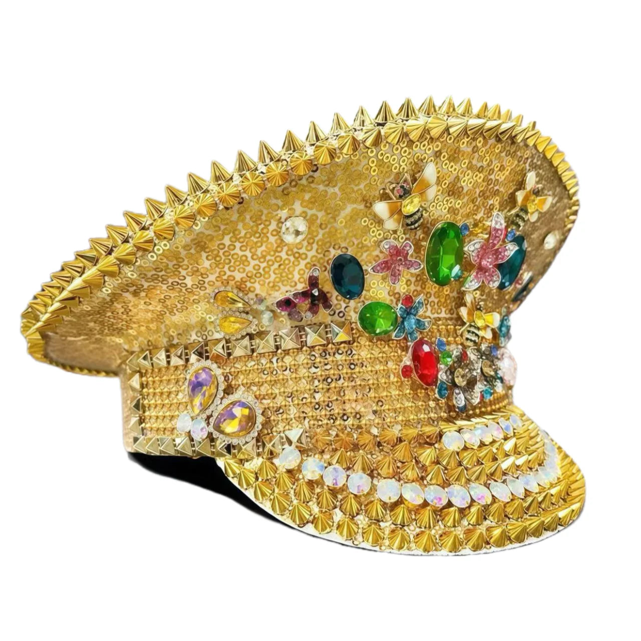 Golden Bee Festival Captain Hat – Handmade Rhinestone & Sequin Cap | Glovia Headwear